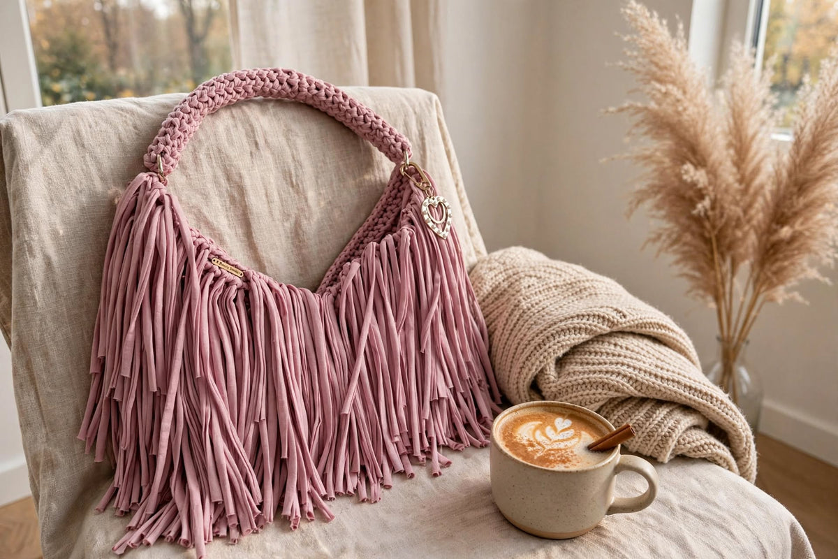 BLUSH – Handstickad boho-väska med tofsar