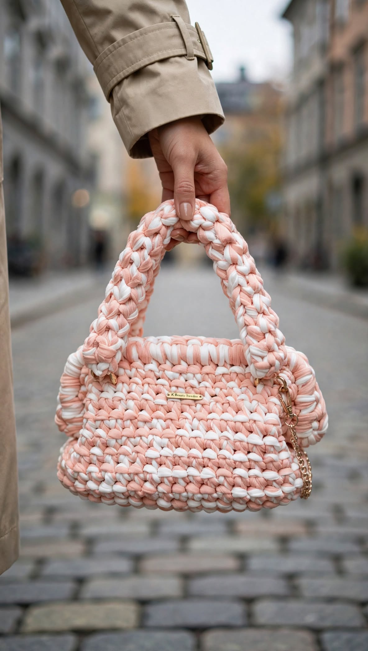 PEACH CLOUD – Handstickad väska med guldkedja