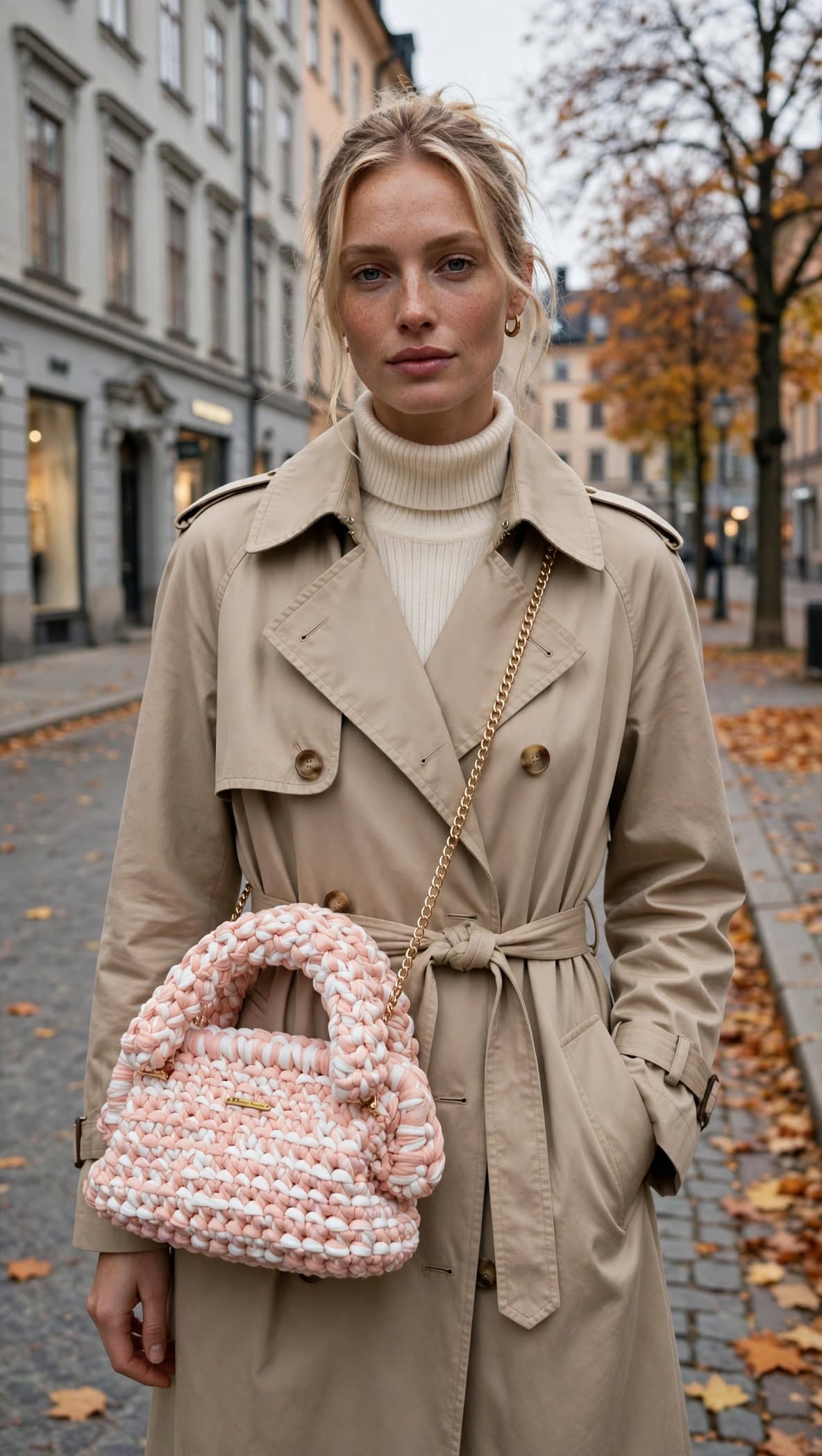 PEACH CLOUD – Handstickad väska med guldkedja