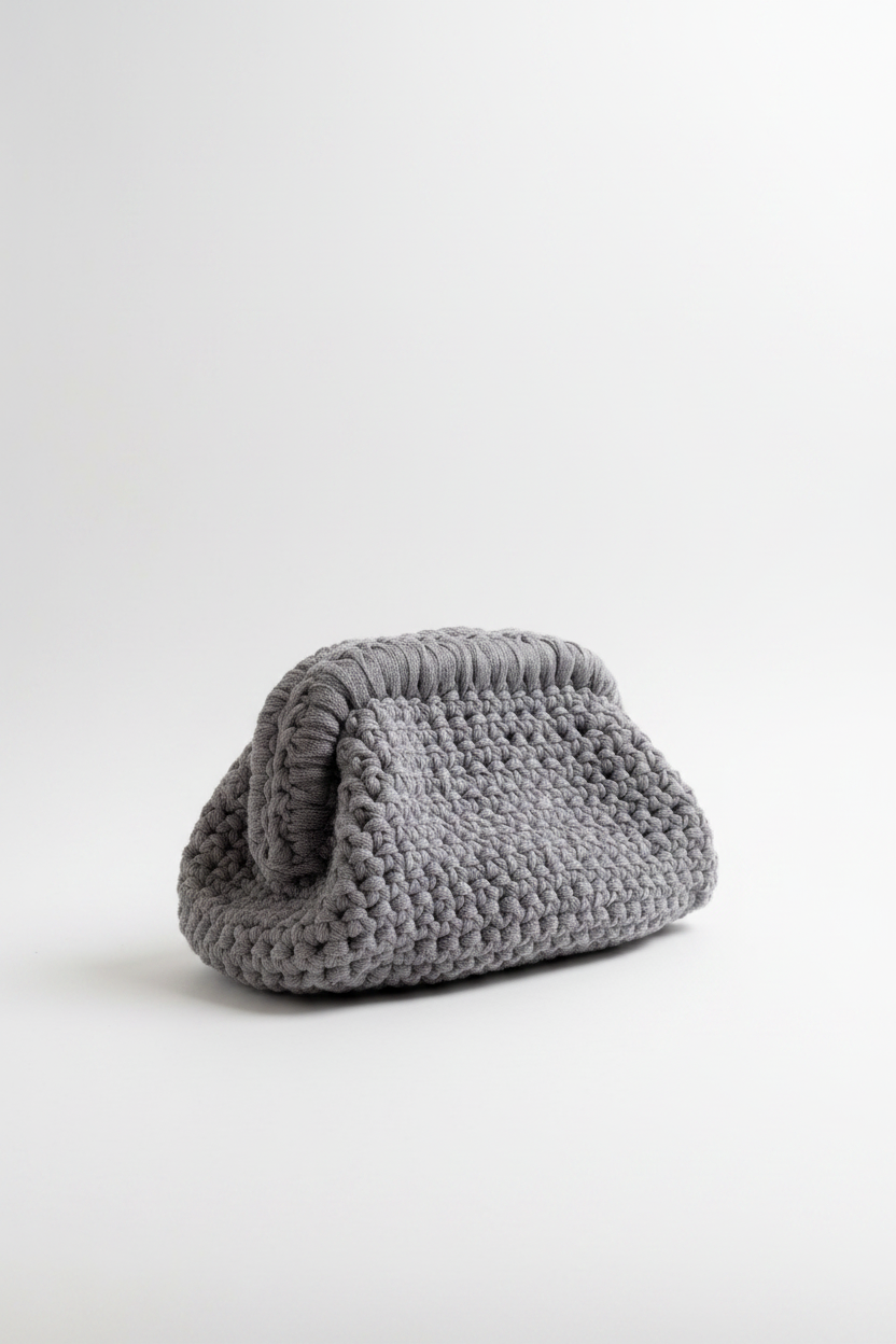 Grey knit pouch closed – studio