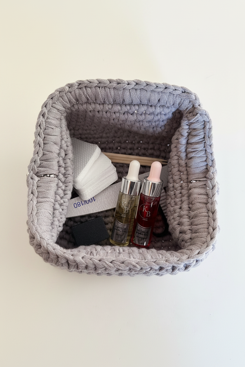 Grey knit pouch with nail care – studio